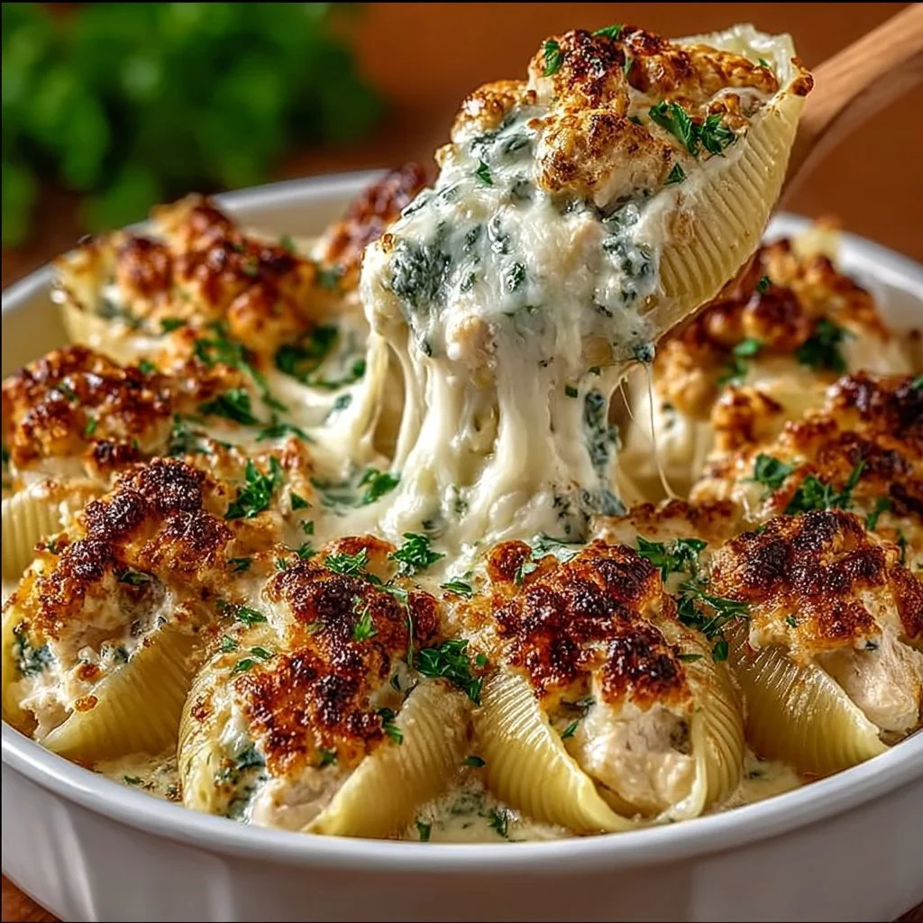 Delicious Million Dollar Chicken Alfredo Stuffed Shells loaded with creamy sauce