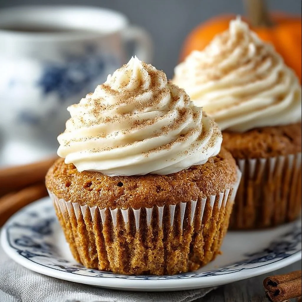 Moist pumpkin cupcakes topped with cream cheese frosting on a rustic table.