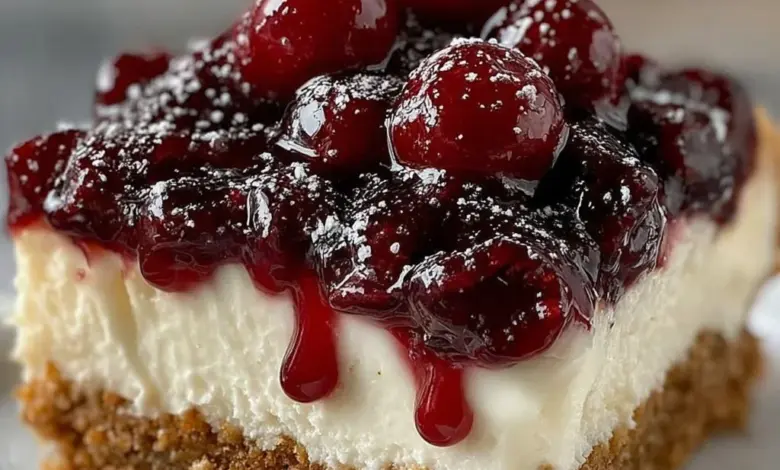 No-Bake Cherry Cheesecake topped with fresh cherries and creamy filling