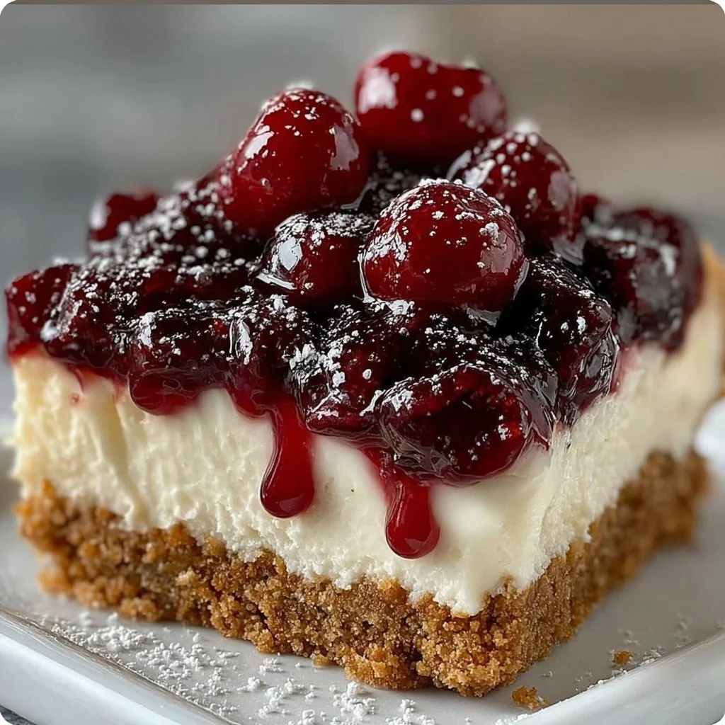 No-Bake Cherry Cheesecake topped with fresh cherries and creamy filling