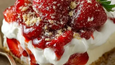 No-bake strawberry shortcake dessert with fresh strawberries and whipped cream