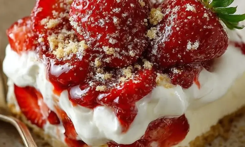No-bake strawberry shortcake dessert with fresh strawberries and whipped cream
