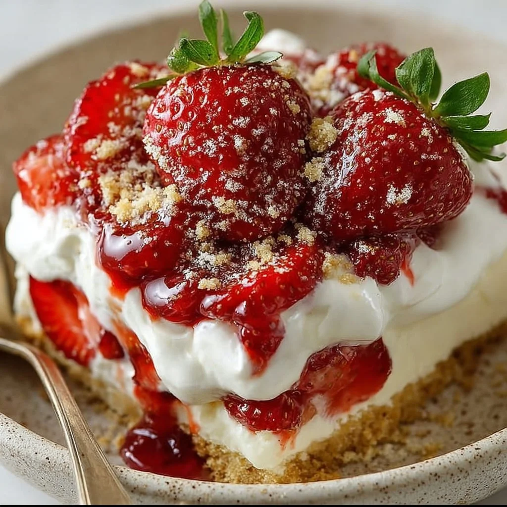No-bake strawberry shortcake dessert with fresh strawberries and whipped cream