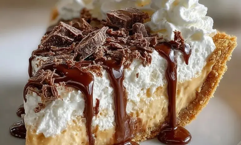 Slice of Old-Fashioned Amish Peanut Butter Dream Pie on a plate