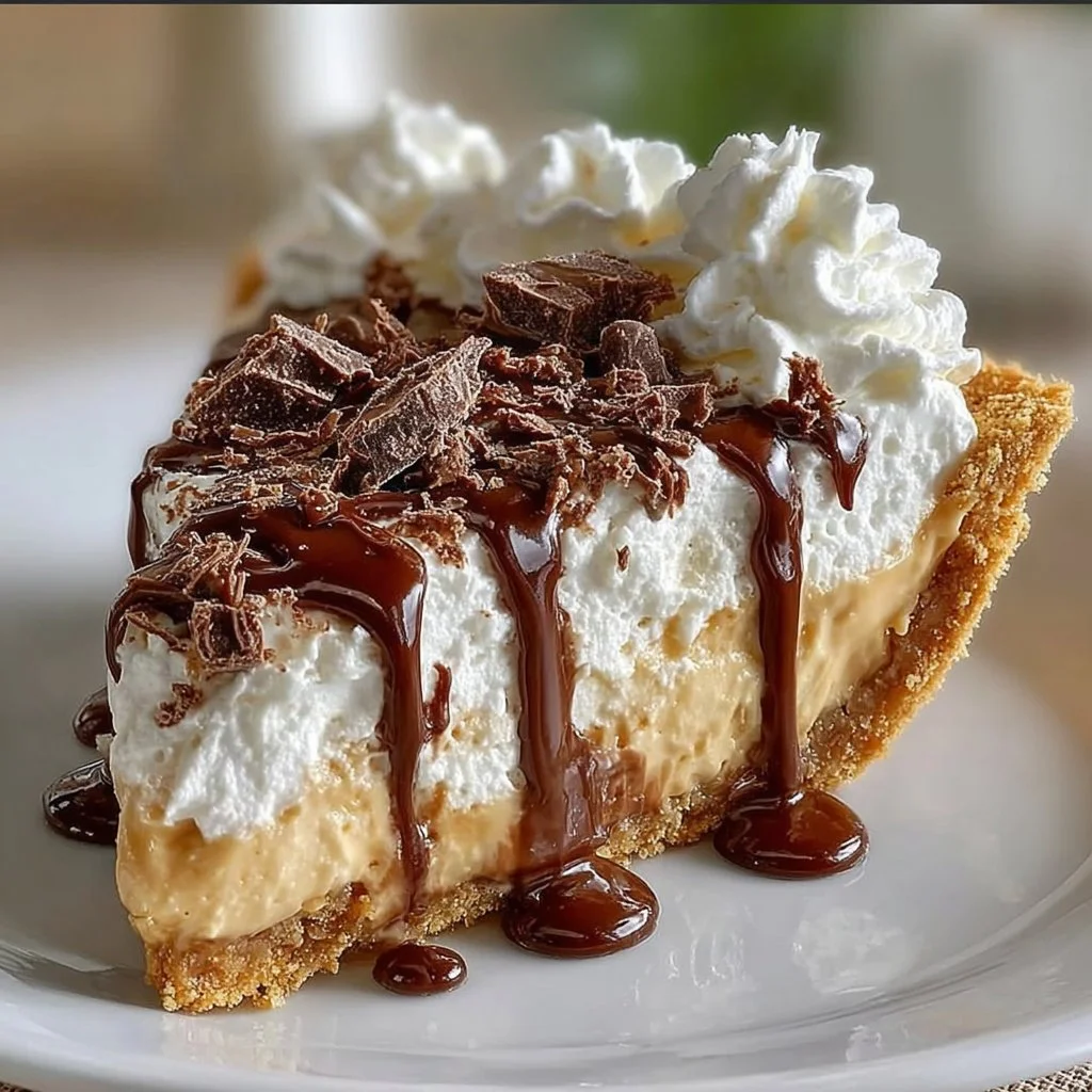 Slice of Old-Fashioned Amish Peanut Butter Dream Pie on a plate