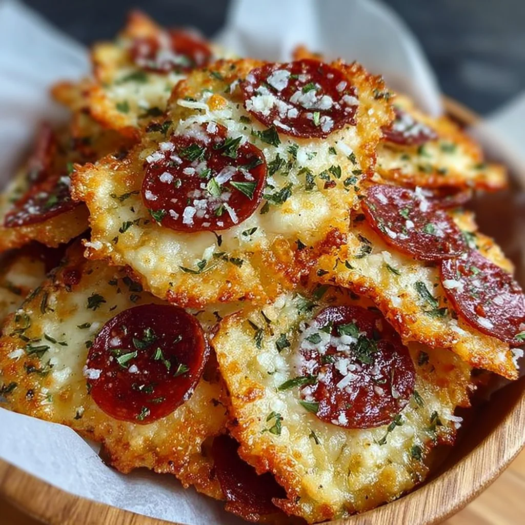 Crispy homemade Pizza Chips ready to be served as a snack.