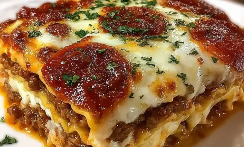 A delicious slice of Pizza Lasagna topped with melted cheese and fresh herbs