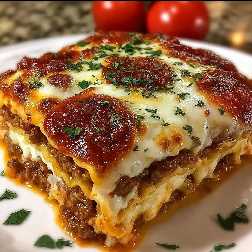A delicious slice of Pizza Lasagna topped with melted cheese and fresh herbs