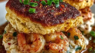 Shrimp and crab nacho biscuit melts topped with melted cheese and garnished.