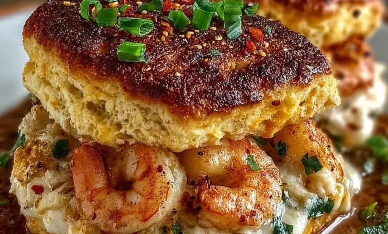 Shrimp and crab nacho biscuit melts topped with melted cheese and garnished.