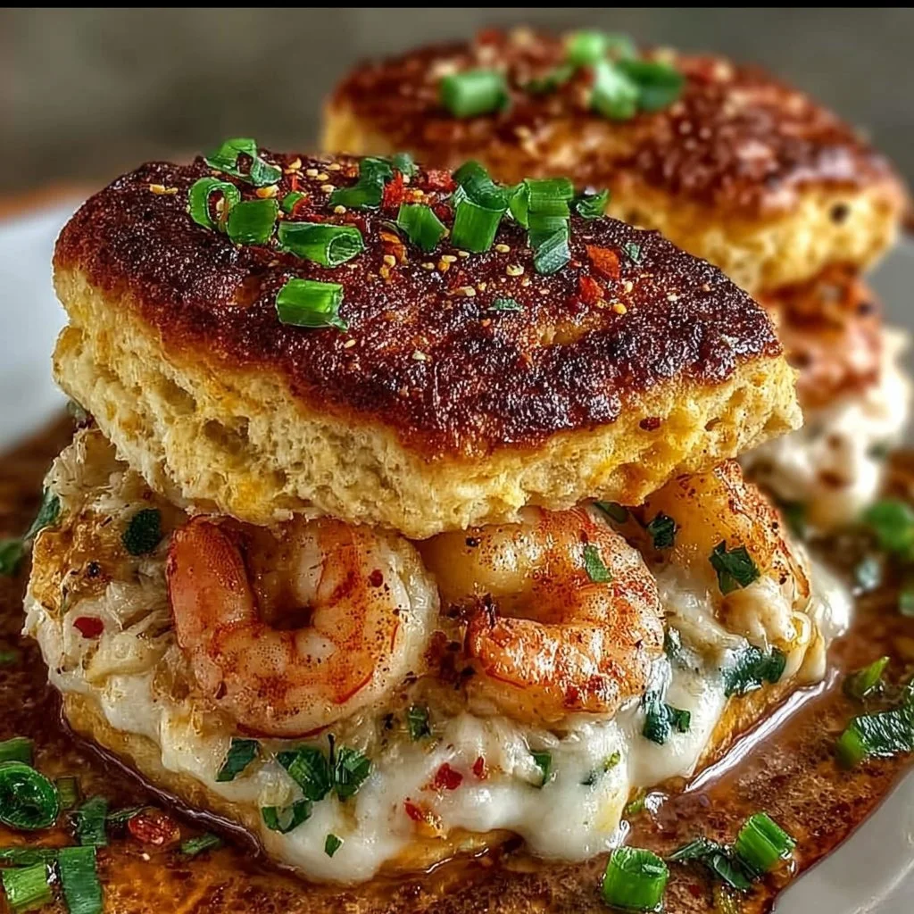 Shrimp and crab nacho biscuit melts topped with melted cheese and garnished.