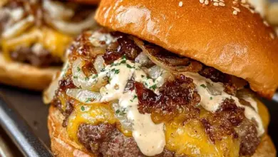 Delicious smash burgers topped with baconnaise sauce on a wooden platter.