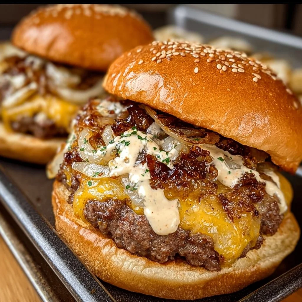 Delicious smash burgers topped with baconnaise sauce on a wooden platter.