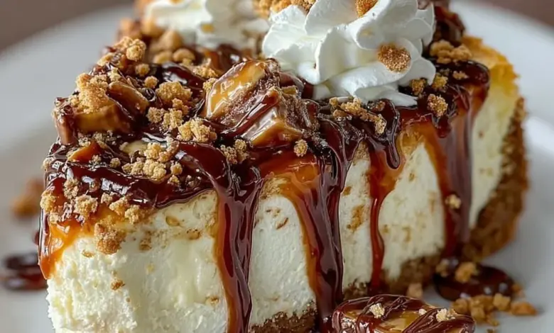 Delicious Snickers Cheesecake topped with chocolate, caramel, and peanuts