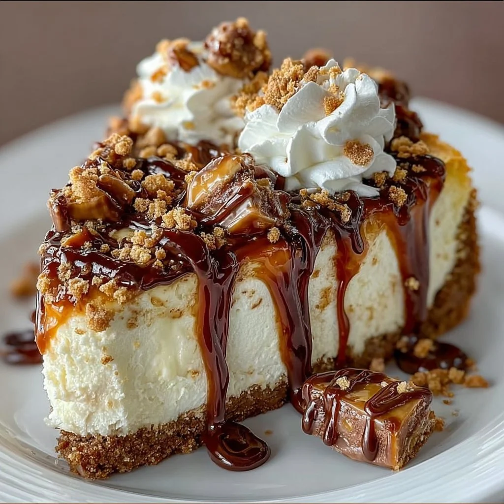 Delicious Snickers Cheesecake topped with chocolate, caramel, and peanuts