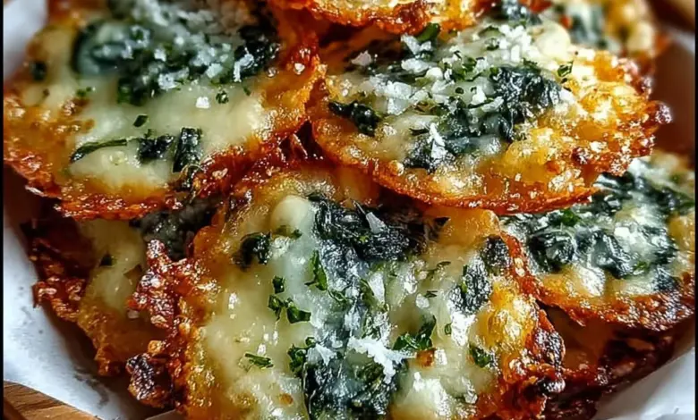 Spinach Dip Cheese Crisps served on a platter for a delicious snack.