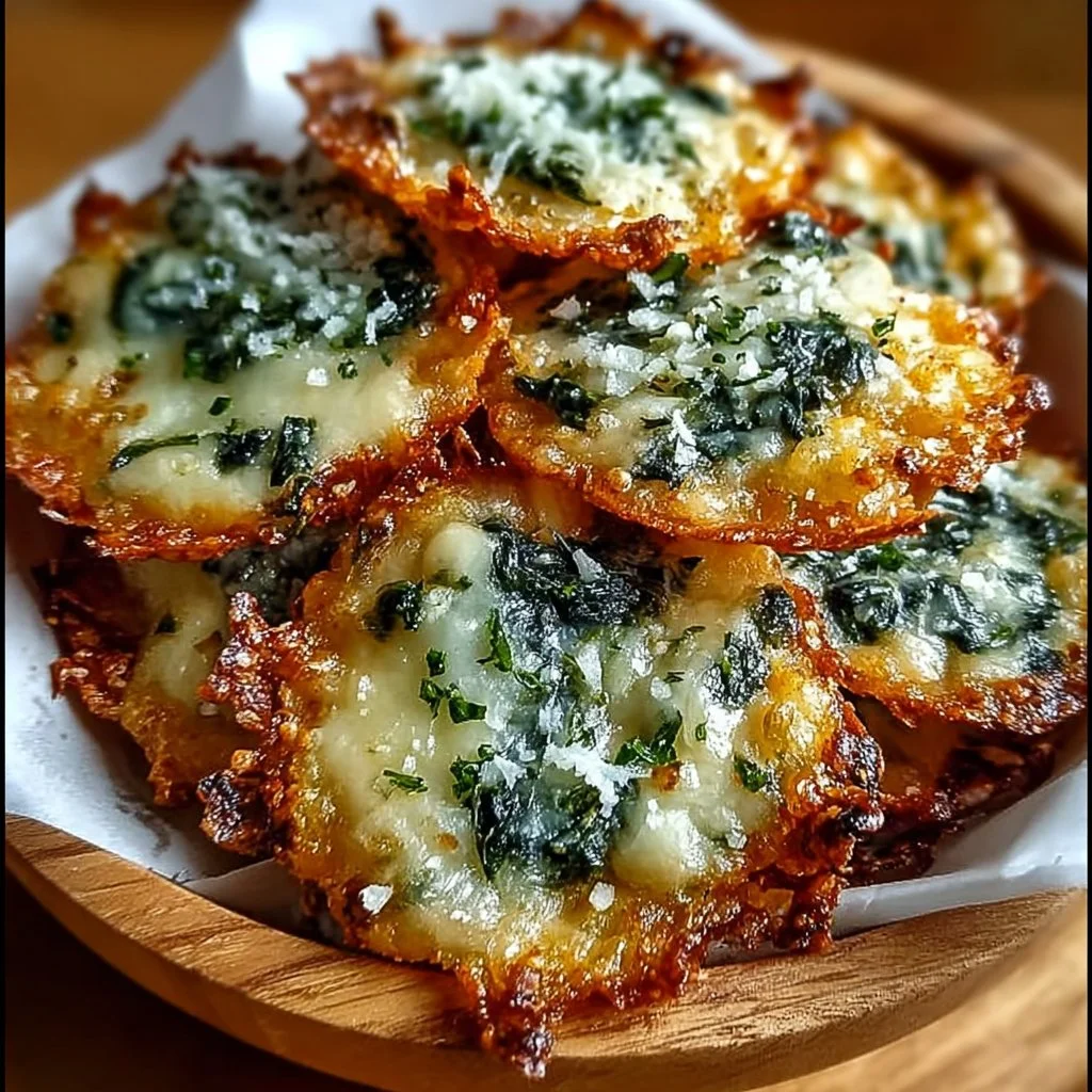 Spinach Dip Cheese Crisps served on a platter for a delicious snack.