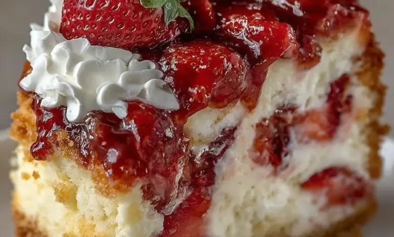 Strawberries and Cream Dream Layer Cheesecake Cake with fresh strawberries