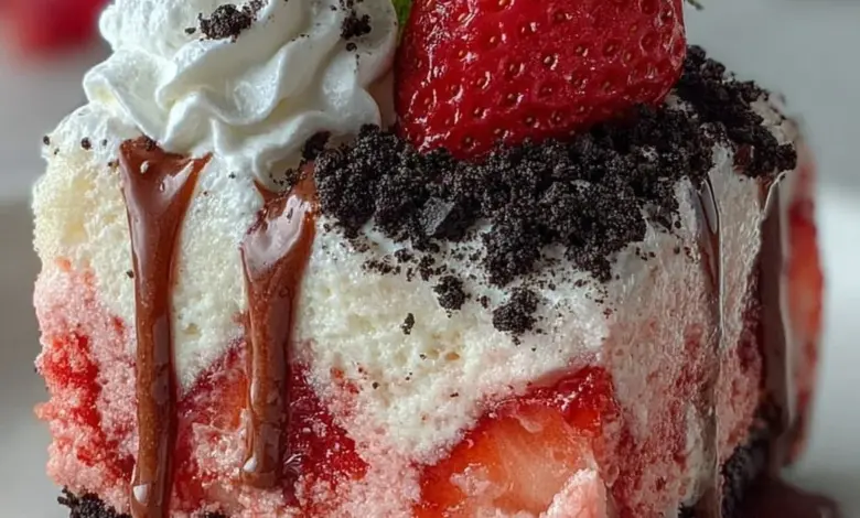 Strawberry cake with Oreo crumble topping on a white plate