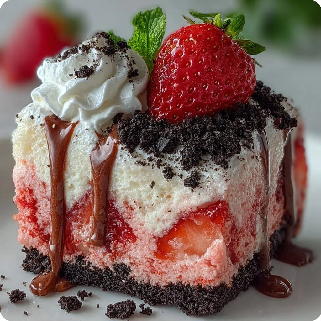 Strawberry cake with Oreo crumble topping on a white plate