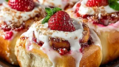 Delicious strawberry cheesecake cinnabon rolls drizzled with frosting.