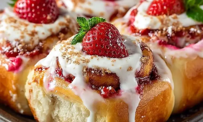 Delicious strawberry cheesecake cinnabon rolls drizzled with frosting.