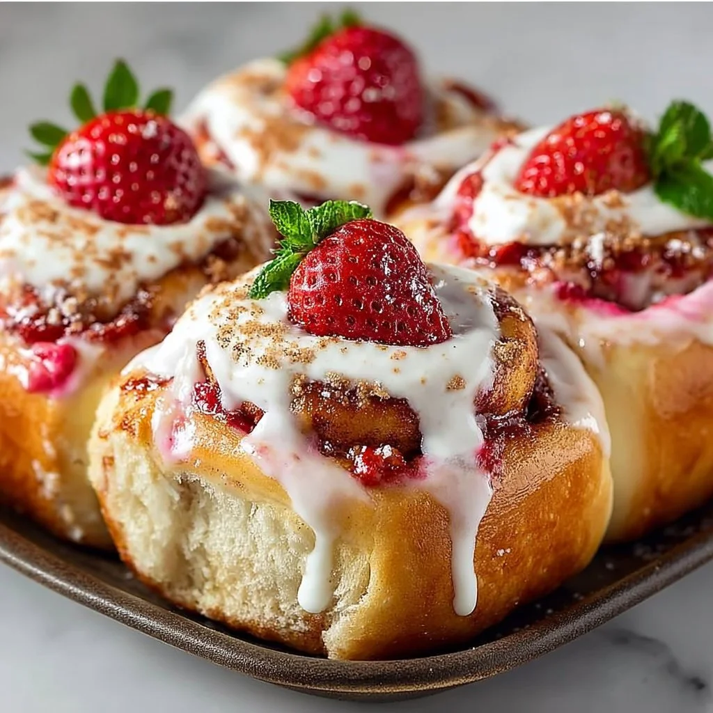Delicious strawberry cheesecake cinnabon rolls drizzled with frosting.