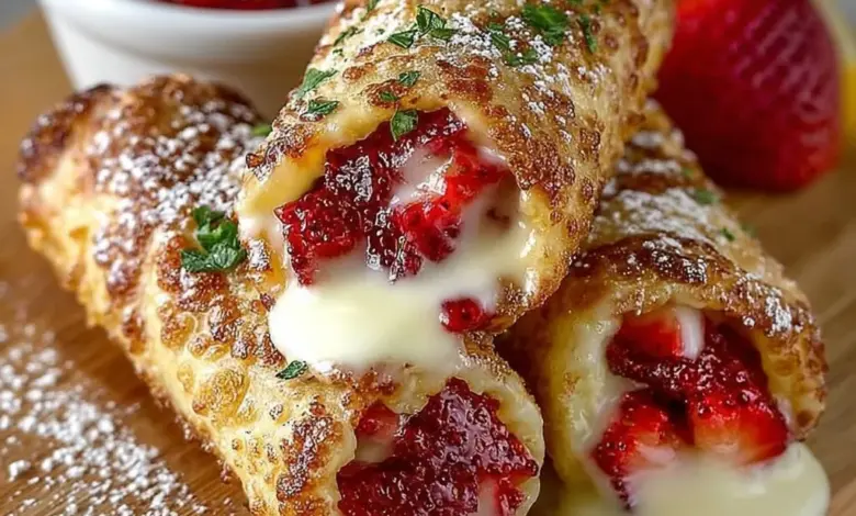 Strawberry cheesecake egg rolls with lemon glaze on a plate.