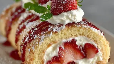 Delicious Strawberry Cheesecake Roll sliced on a plate.