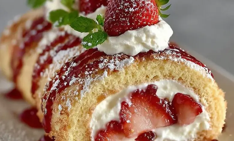 Delicious Strawberry Cheesecake Roll sliced on a plate.