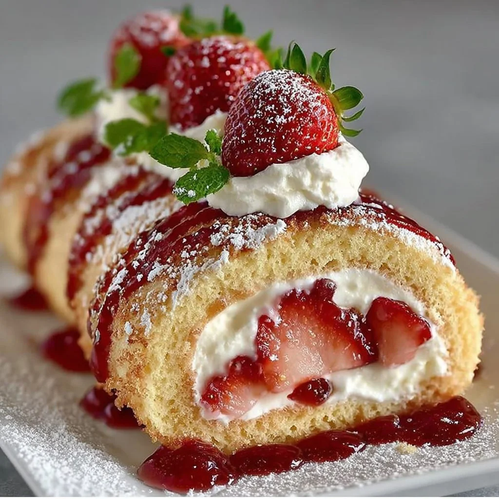 Delicious Strawberry Cheesecake Roll sliced on a plate.