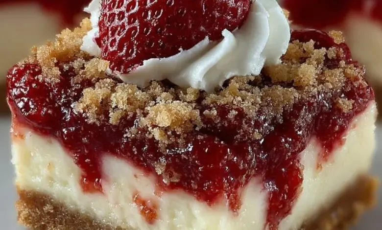 Delicious strawberry crunch bars with a crispy topping and fresh strawberries