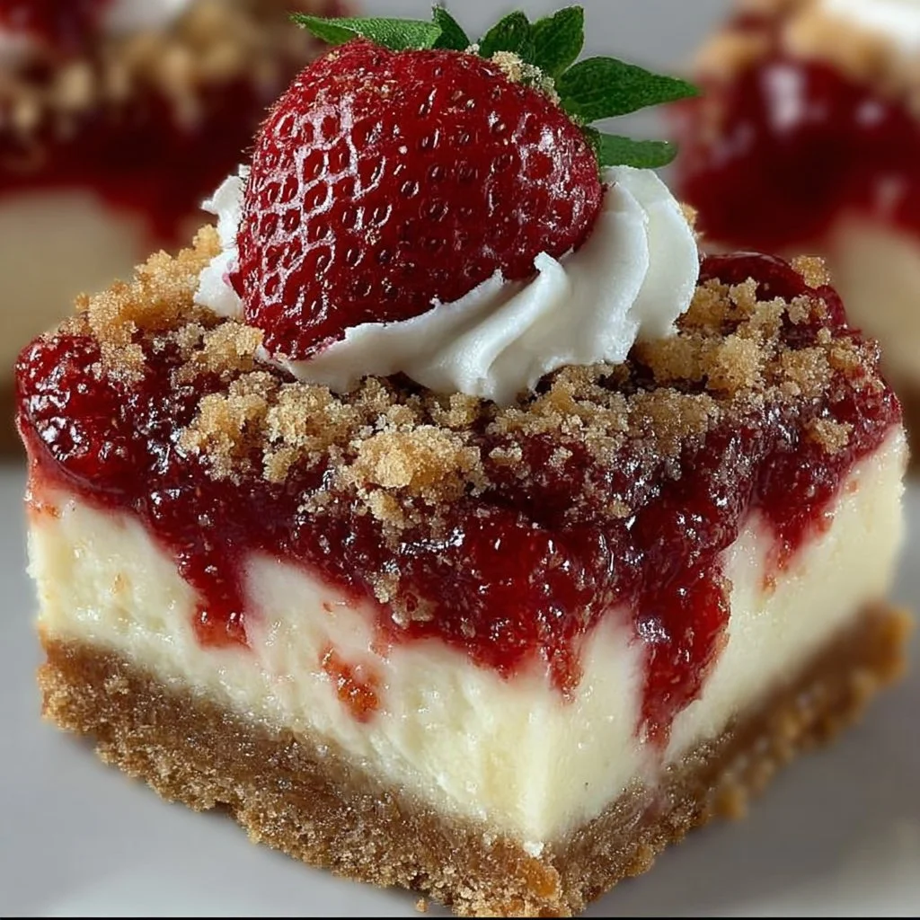 Delicious strawberry crunch bars with a crispy topping and fresh strawberries