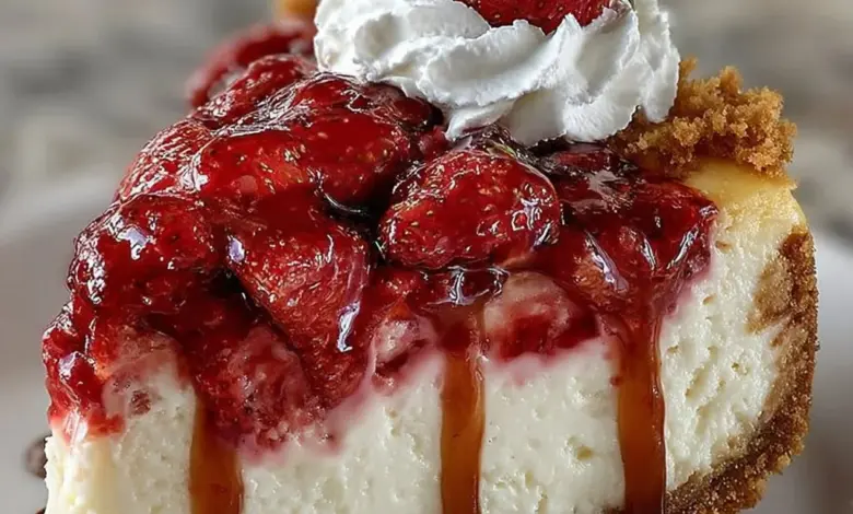 Delicious Strawberry Dream Cheesecake topped with fresh strawberries