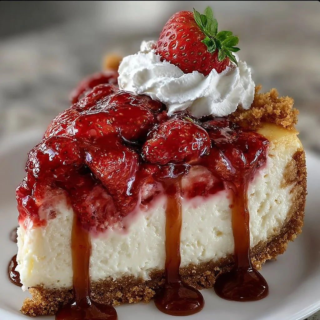 Delicious Strawberry Dream Cheesecake topped with fresh strawberries