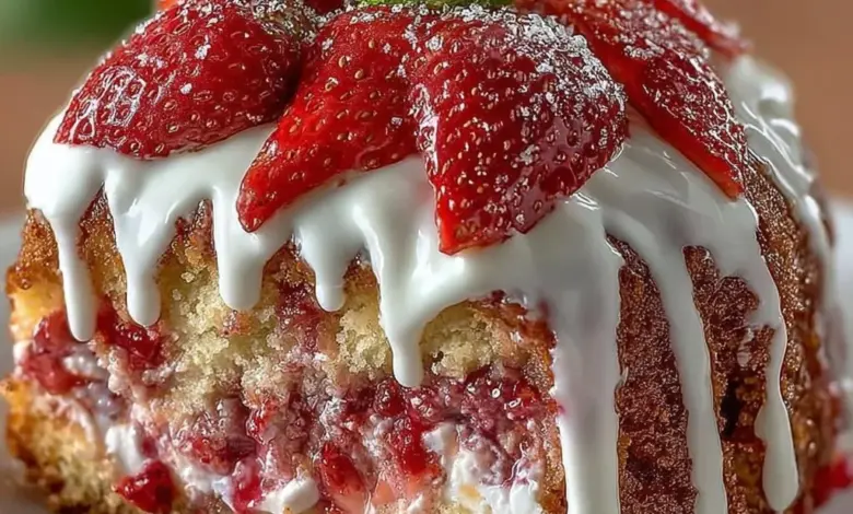 Slice of Strawberry Honeybun Cake with Strawberry Cream Icing on a plate