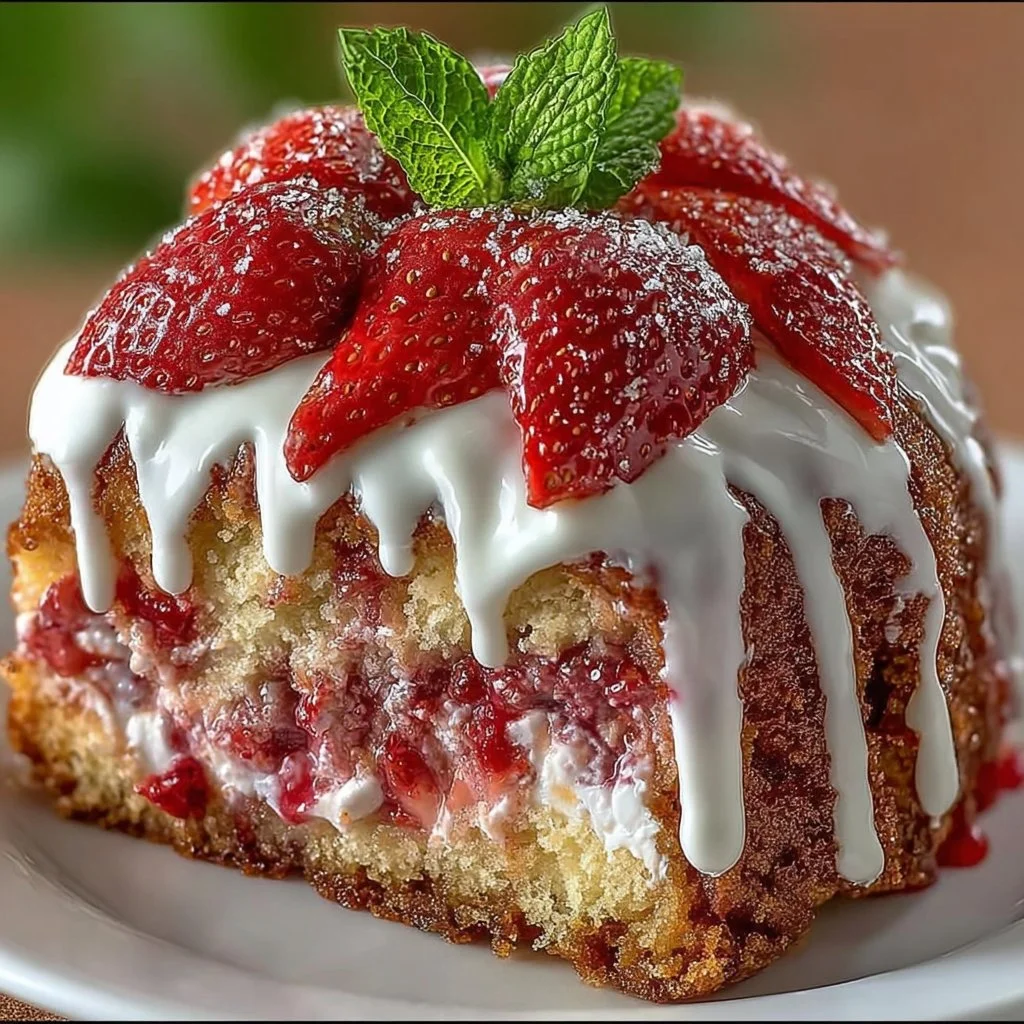 Slice of Strawberry Honeybun Cake with Strawberry Cream Icing on a plate