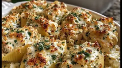 Plate of stuffed shells filled with chicken and drizzled with garlic butter sauce