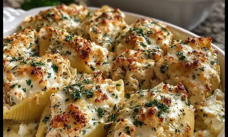 Plate of stuffed shells filled with chicken and drizzled with garlic butter sauce