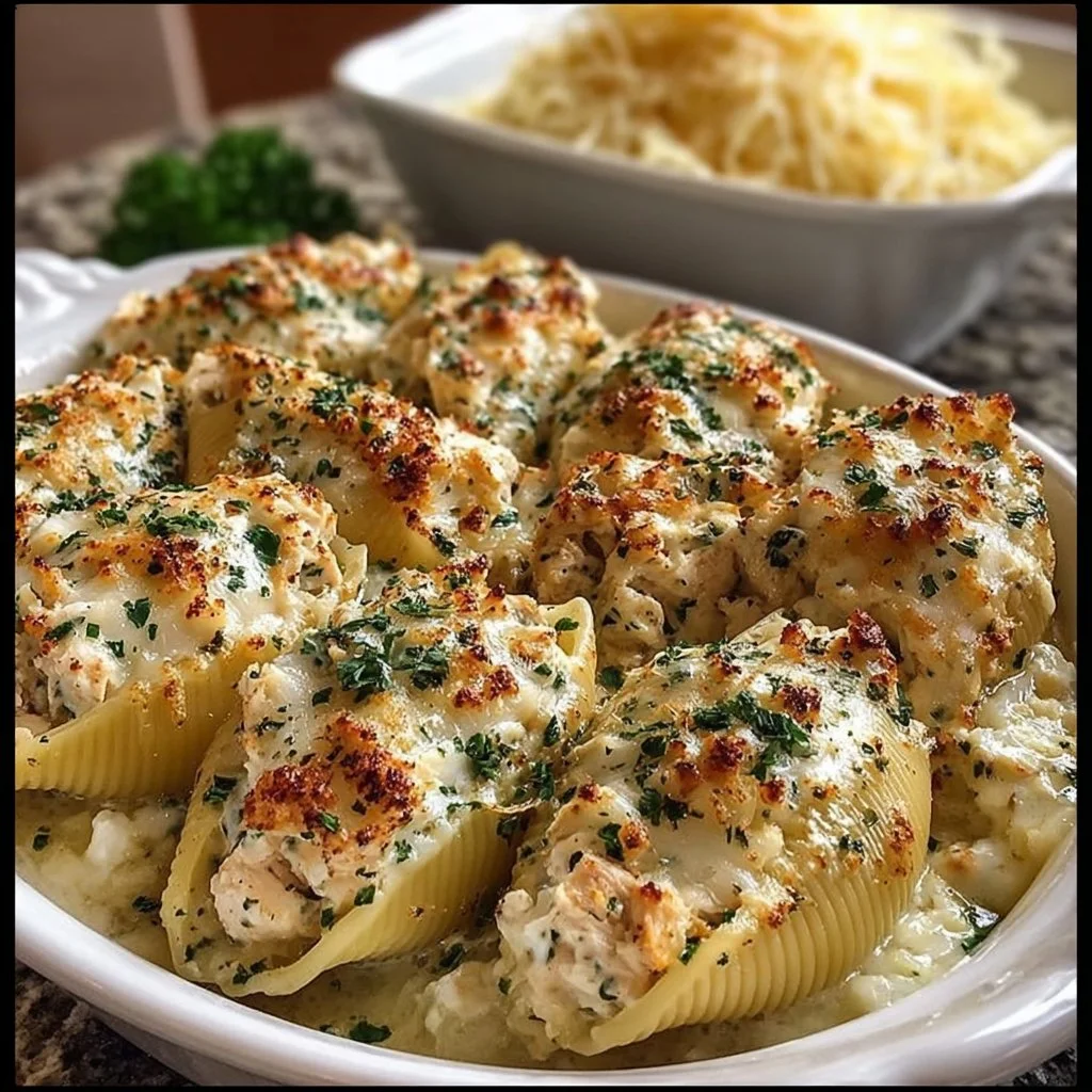 Plate of stuffed shells filled with chicken and drizzled with garlic butter sauce