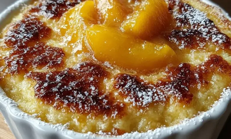 Delicious Tennessee Peach Pudding served in a bowl with fresh peaches