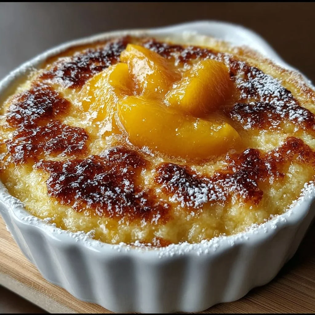Delicious Tennessee Peach Pudding served in a bowl with fresh peaches