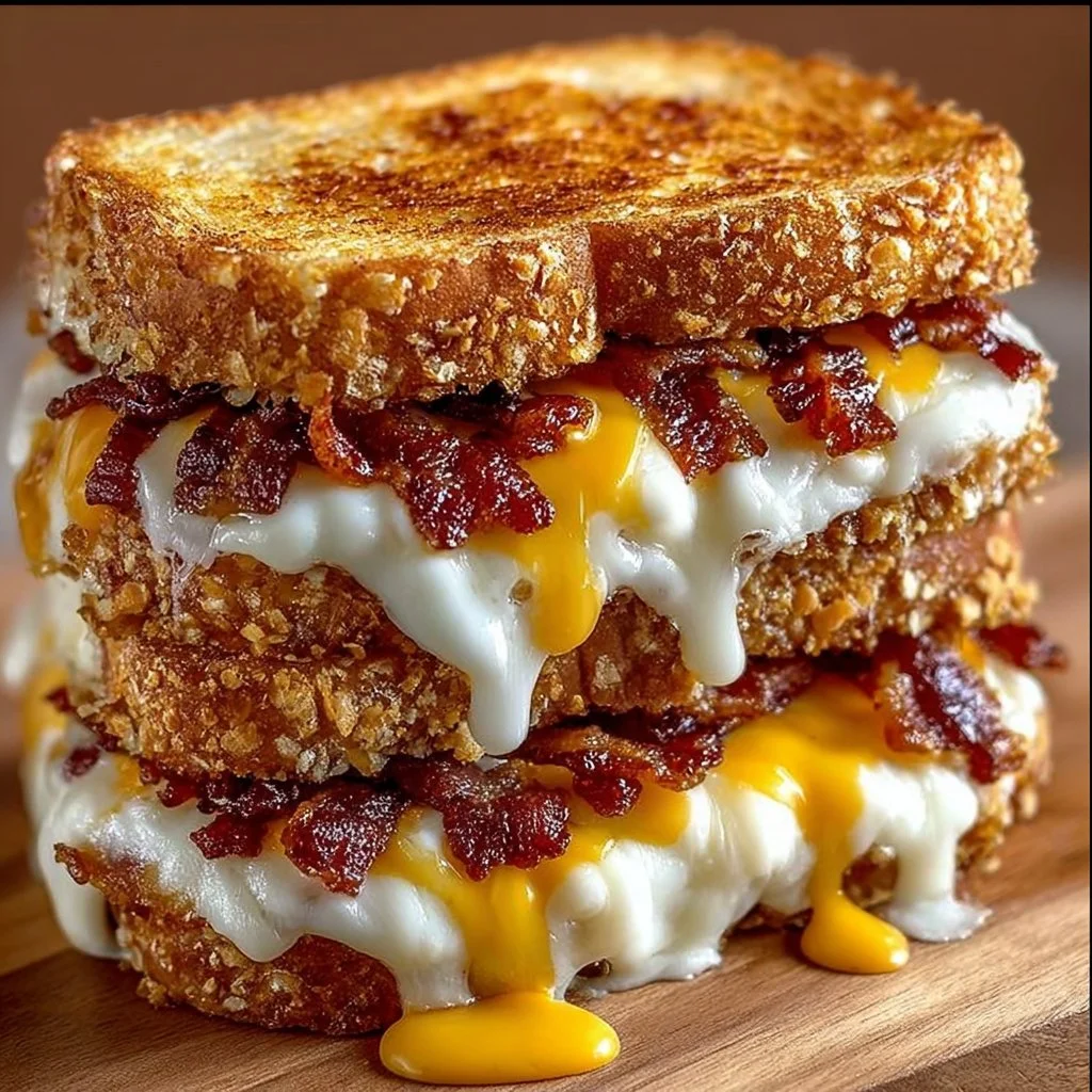 Delicious Triple Cheese Bacon Melt sandwich topped with crispy bacon and three types of cheese