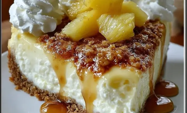 Delicious tropical pineapple cheesecake topped with pineapple slices and cream