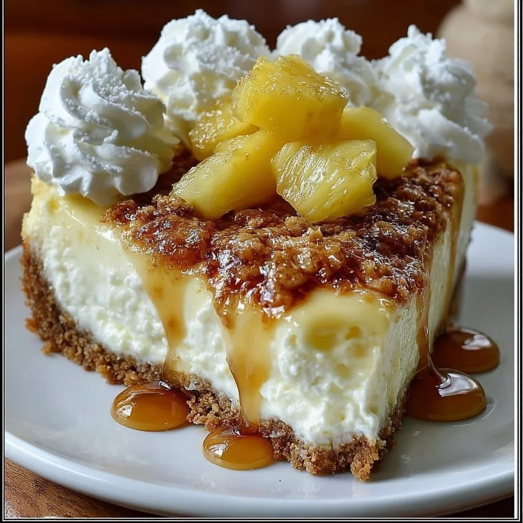 Delicious tropical pineapple cheesecake topped with pineapple slices and cream