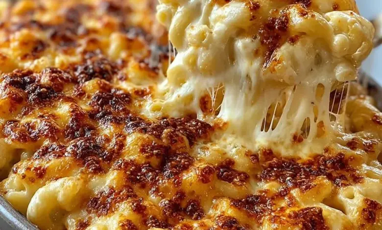 Ultimate Five Cheese Baked Mac & Cheese dish with creamy texture and golden topping