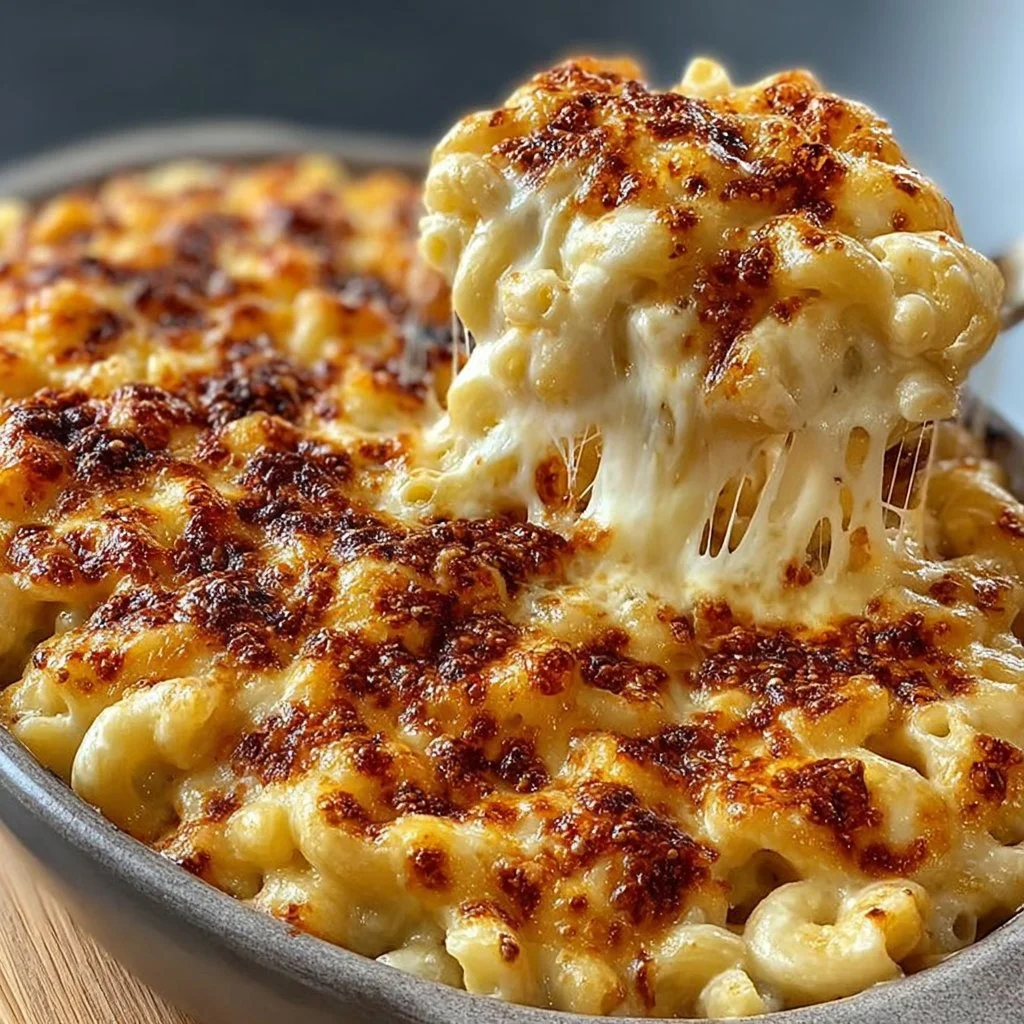 Ultimate Five Cheese Baked Mac & Cheese dish with creamy texture and golden topping
