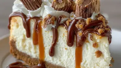 Slice of White Chocolate Reese's Dream Cheesecake topped with Reese's pieces