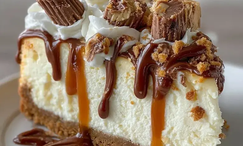 Slice of White Chocolate Reese's Dream Cheesecake topped with Reese's pieces