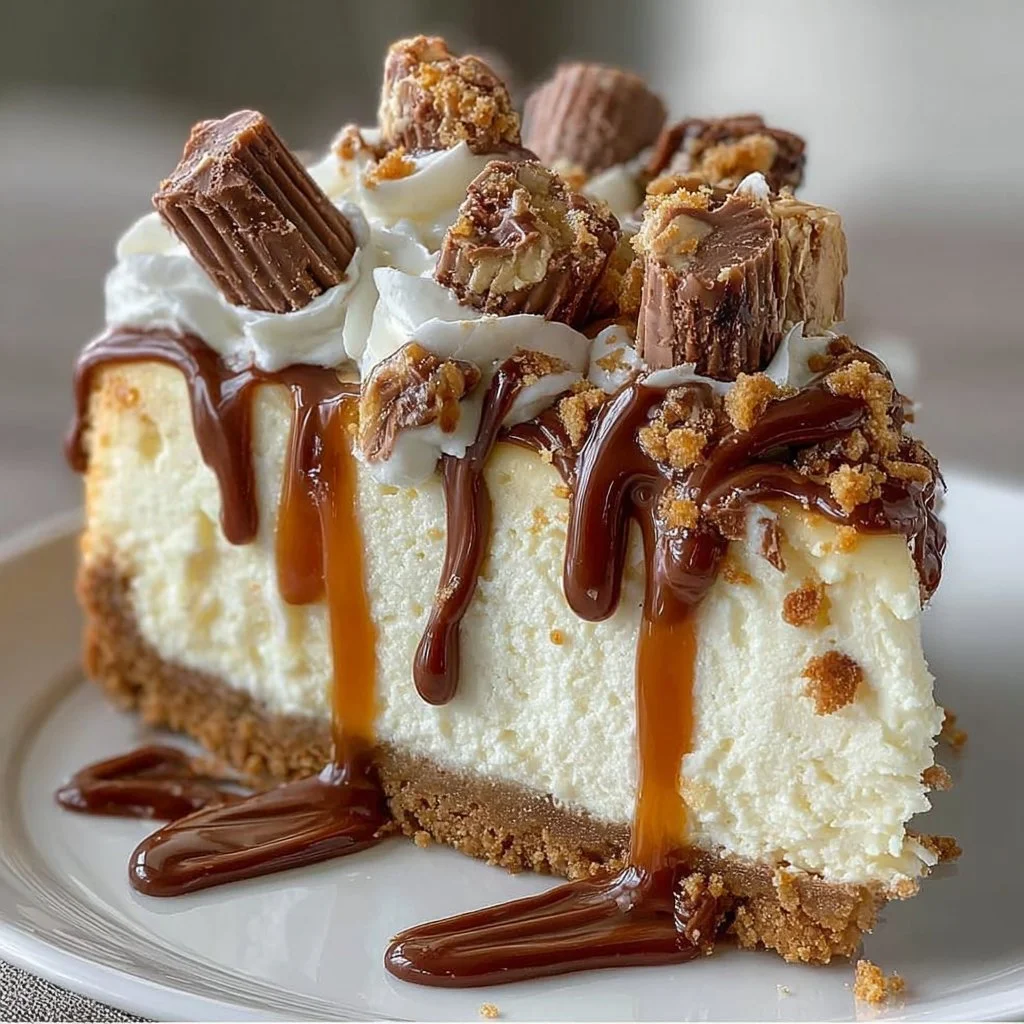 Slice of White Chocolate Reese's Dream Cheesecake topped with Reese's pieces